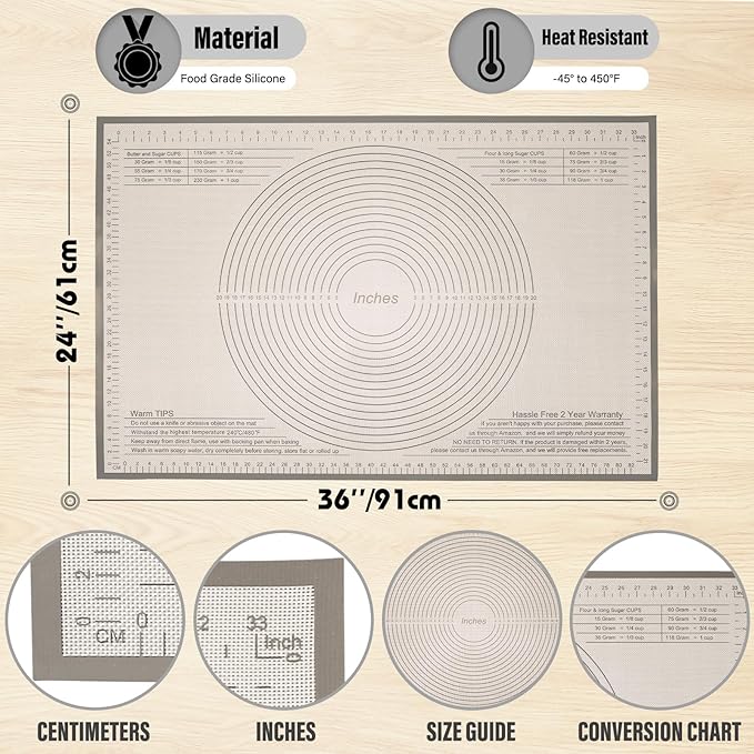 Silicone Pastry Mat 34x26 Inch Nonstick Baking Mat -Perfect for Dough, Pastry, Bread, Dough Rolling, Kneading Board, Pie Crust, Fondant, Pasta/Pizza, Kitchen Counter Mat