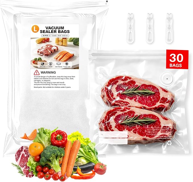 Reusable Vacuum Sealer Bags for Food – 30 BPA-Free Large (12 x 13 in) Food Storage Bags, Freezer Microwave Safe – Odor Resistant, Leak-Proof – Compatible with Compact Vacuum Sealer