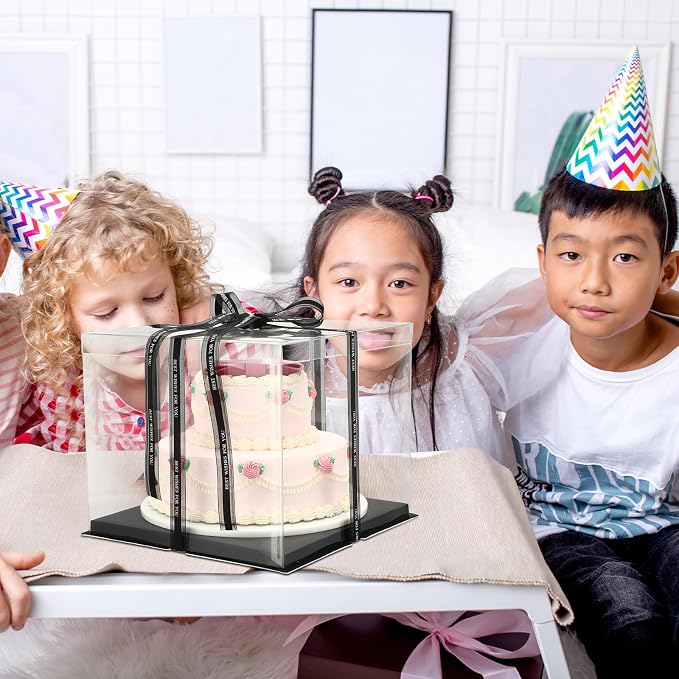 Maxdot 10 Pcs Transparent Tall Cake Boxes 12" x 12" x 10" Large Clear Cake Box with Ribbon Cake Carrier PET Wedding Cake Storage Container Clear Gift Boxes for Party Birthday Dessert Display (Black)