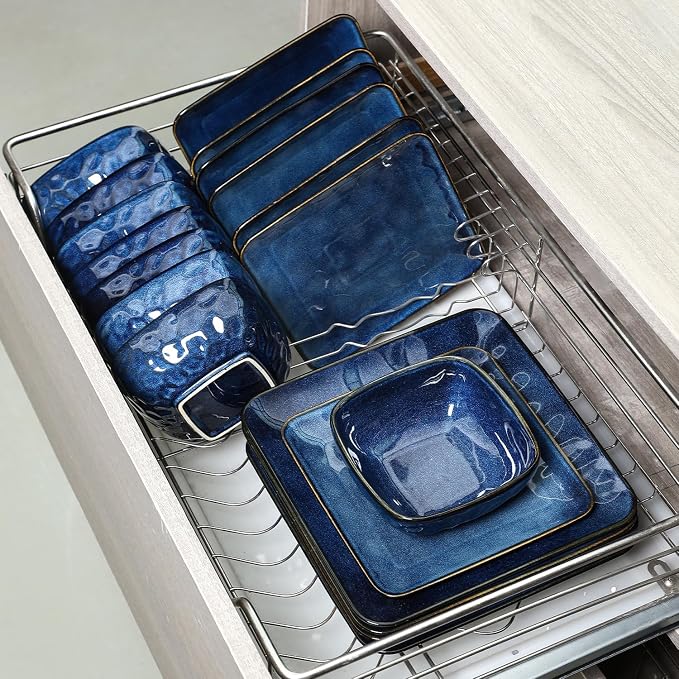 vicrays Ceramic Square 12 Pieces Dinnerware Set - Dinner Plates Salad Plates Cereal Bowls Set Service for 4 - Scratch Resistant Microwave Oven Dishwasher Safe - Blue
