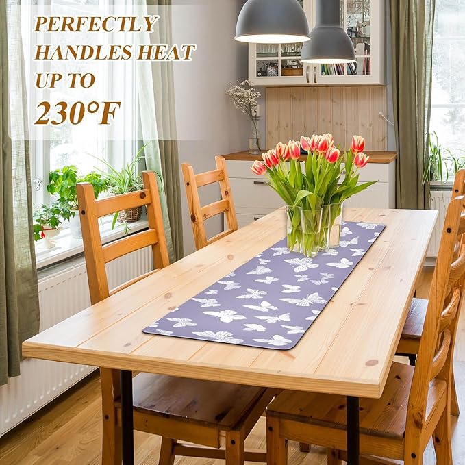 2 in 1 Table Runner Trivet for Hot Pots and Pans Heat Resistant Non Slip Waterproof 39 x 12 Inch Decorative Table Protector for Kitchen Countertop White Butterflies Purple