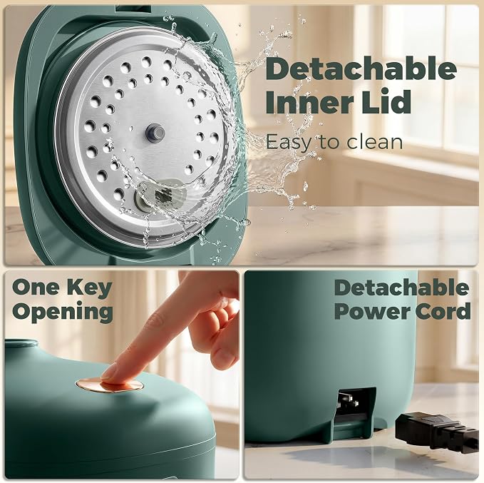 CHACEEF Mini Rice Cooker 2 Cups Uncooked, 1.2L Rice Cooker Small, Portable Non-Stick Small Travel Rice Maker, BPA Free, Smart Control Multifunction Cooker with 24 Hours Timer Delay & Keep Warm Function, Green