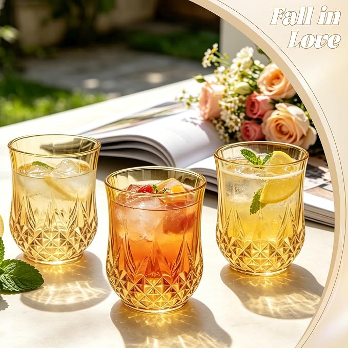 40 Pack Plastic Stemless Wine Glasses,12oz Unbreakable Vintage Elegant Drinking Glass Set,Reusable Fancy Cocktail Cups for Party, Wedding, and Bulk Events (40, 12oz-Gold)