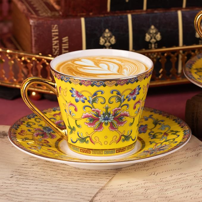 KAMMAK Tea Cups and Saucers Set of 2, Porcelain Coffee Cups with Saucer for Espresso, Cappuccino, 7.78oz Vintage Noble Yellow Ceramic Novelty Mug for Home, Tea Party, Office, 623N