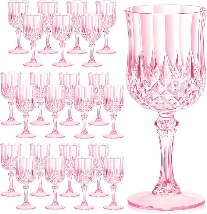 7OZ Plastic Wine Glasses, Reusable Vintage Goblets Unbreakable Drinking Glasses Crystal Water Cups Champagne for Wedding, Parties (24, Pink)