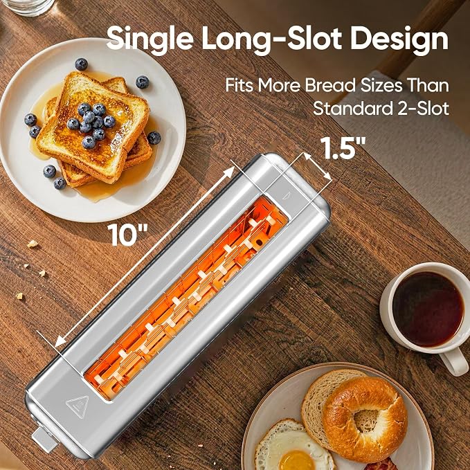 Seehot® Slim Long Slot Stainless Steel Toaster, Toaster 2 Slice Wide Slot with 10.24 x 1.5 in Slot, Bagel Defrost Cancel, 7 Shades, Crumb Tray