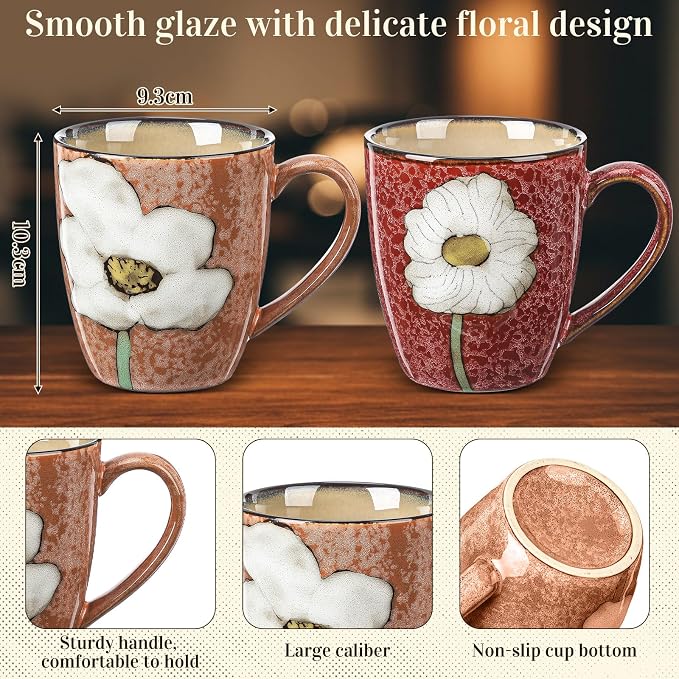 Maxdot 2 Pcs 12oz Ceramic Coffee Mugs Sets Glazing Process Cappuccino Mug Floral Ceramic Tea Cups Idea Gift Set for Women Porcelain Cup for Coffee, Cocoa, Tea, Latte (Retro) (Vintage)