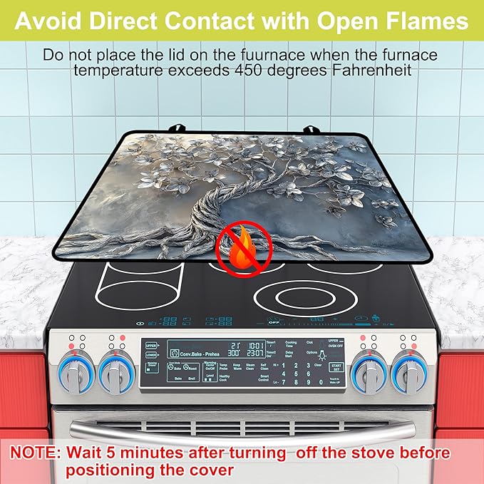 Glass stove top cover 28"x 20", Stove Top Covers for Electric Stove, Flat Range Mat for Glass Cooktop, Kitchen Heat-Resistant Protector Mat Non-Slip Drying Ma (Silver Tree)
