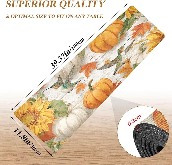 Pumpkin Hummingbird Leaf Trivet Table Runner Heat Resistant 230F for Hot Dishes Pots Plates Kitchen Dining Table Protector Decorative 39.37 X 11.8 Inch