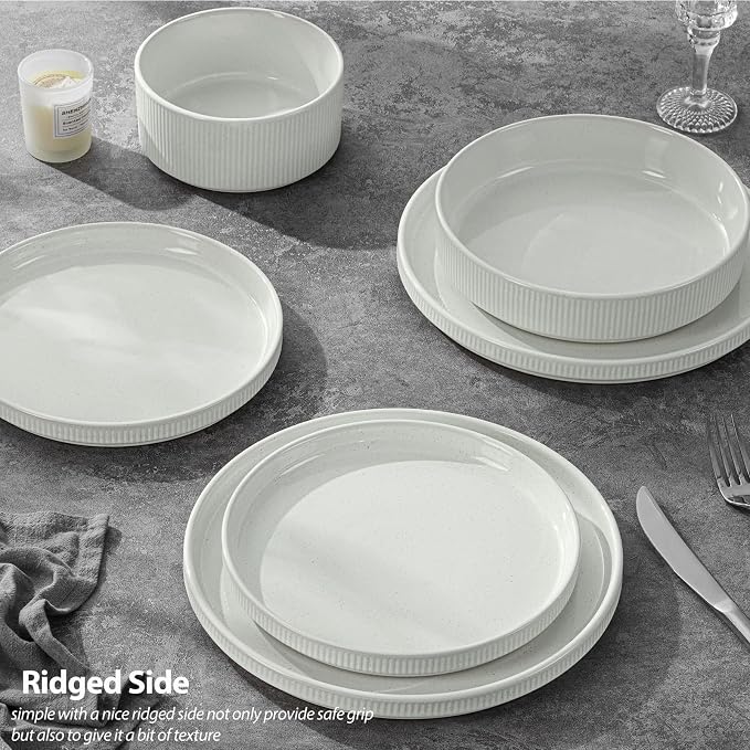 LIANYU Dinnerware Plates and Bowls Dishes Set, 8 Piece Stoneware Sets with Pasta Bowls for 2, Ribbed Ceramic Kitchen Dishware for Home, Microwave and Dishwasher Safe, Speckled White