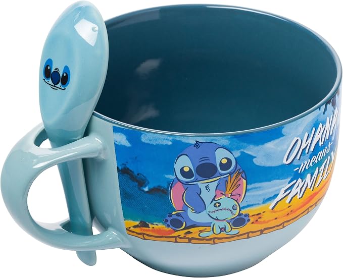 Silver Buffalo Disney Lilo and Stitch Featuring Scrump Ohana Means Family Ceramic Soup Mug Spoon Set, 24 Ounces