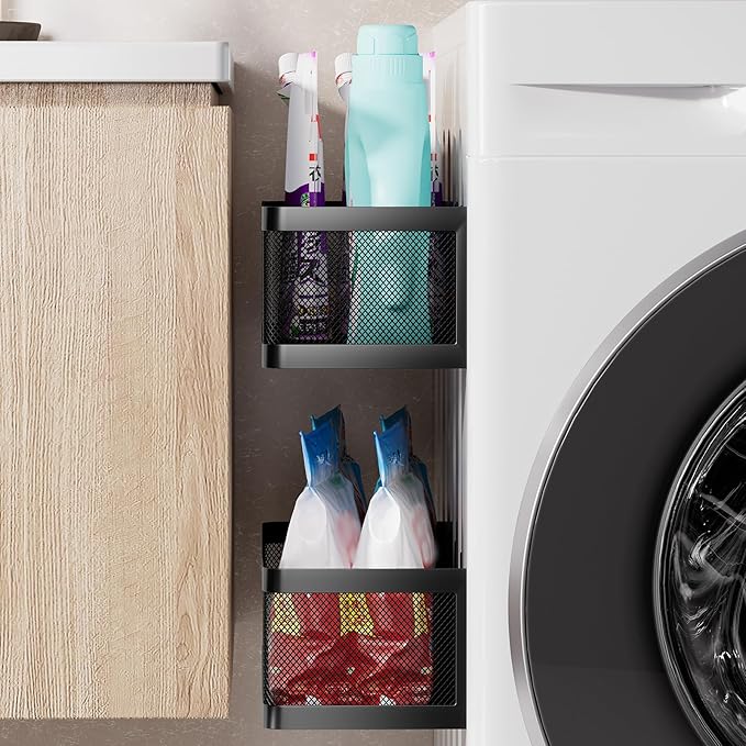 2-Pack Laundry Room Organization, Magnetic Shelves with Tall Guardrails to Prevent Falling - Strong Magnet Organizer for Washing Machine, Refrigerator, Kitchen & Pantry