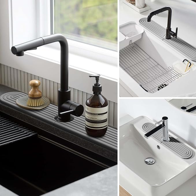 Stone Faucet Mat for Kitchen Sink – Diatomite Fast-Drying Stone Tray, Faucet Mat Sink Splash Guard, Decorative Sink Protector for Kitchen Bathroom Counter (Grey, 20''x3.9'')