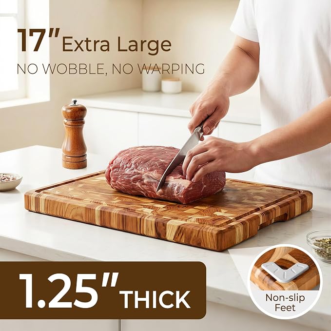 Teak Wood Cutting Boards for Kitchen,Large Butcher Block End Grain Wooden Checkered Cutting Board with Juice Groove Handle Hardwood Chopping Charcuterie Board Non Toxic Best Kitchen Essential Gift 17"
