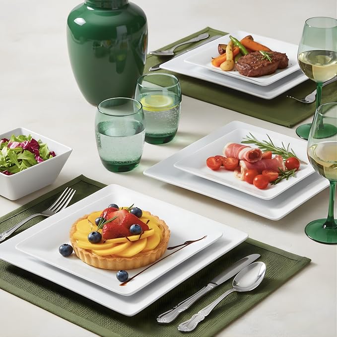 TP 12-Piece Melamine Dinnerware Sets, Plates and Bowls Dishes Set for 4, Break-Resistant & Non-Microwavable, Lightweight Square Dinner Plates, White