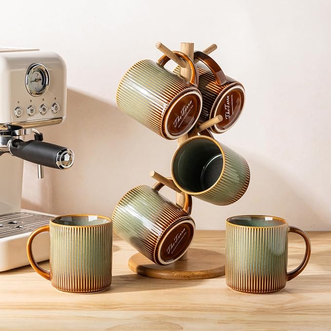 theterra Ceramic Coffee Mugs Set of 4, 14.2oz Handmade Coffee Cups with Handle for Latte, Tea, Milk, Beer, Hot Cocoa, Sage Umber