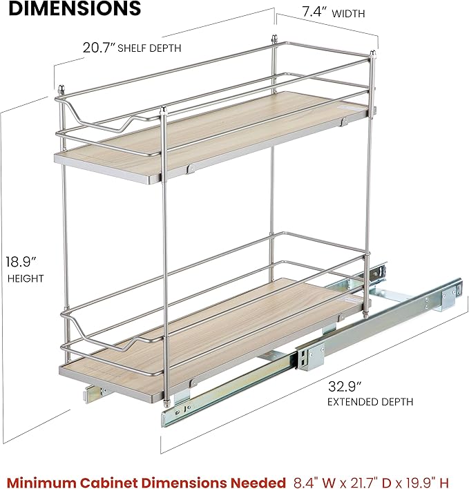 Home Zone Living Pull Out Kitchen Cabinet Organizer with 2 Tiers of Storage for Easy Access, 7.5”W x 20”D, Satin Nickel with Light Brown, Virtuoso Collection