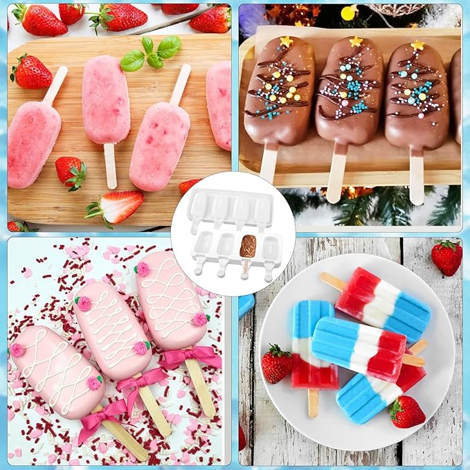 8 Set Silicone Popsicle Molds 4 Cavities Ice Cream Oval Cake Molds with 400 Sticks, Reusable Ice Pop & Cakesicle Mould for Kids, DIY Frozen Treats, Summer Snacks, Parties Favors, Easy Release (White)