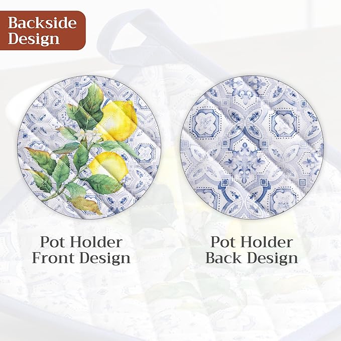 Maison d' Hermine Pot Holders 100% Cotton Heat Resistant Potholders 8" x 8" Hot Pads with Loop BBQ Cooking Baking Gifts for Mothers Day Handling Hot Pans Spring/Summer (Pack of 1, Citrus)