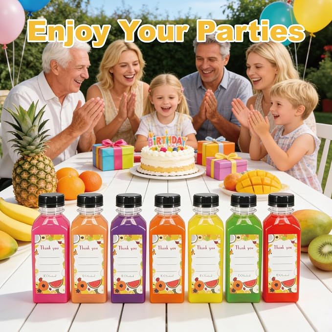 12 Pack 12oz Clear Reusable Plastic Juice Bottles with Caps, Food Grade BPA-Free Leak Proof Juicing Containers with 12 Labels & brush& Silicone Funnels for Homemade Juice, Smoothies & Travel