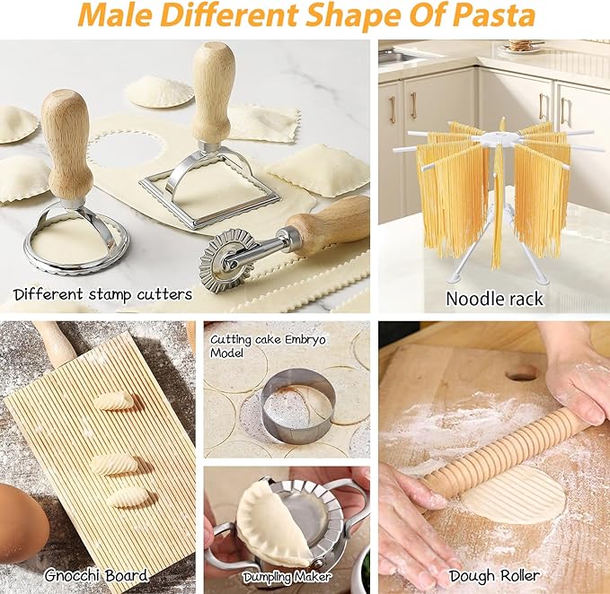 12PCS Pasta Maker Tool Set, Ravioli Mold Set, Ravioli Maker with Roller Wheel, Ravioli Cutter Set with Wooden Handle, Pasta Making Kit for Ravioli Press Mold Pasta Making Kit Accessories for Home (12)