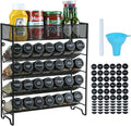 Skiileor Spice Rack Organizer with 28 Spice Jars, Black Lids，Spice Labels, Chalk pen and Funnel Set for Cabinet, Countertop, Pantry, Cupboard or Wall Mount