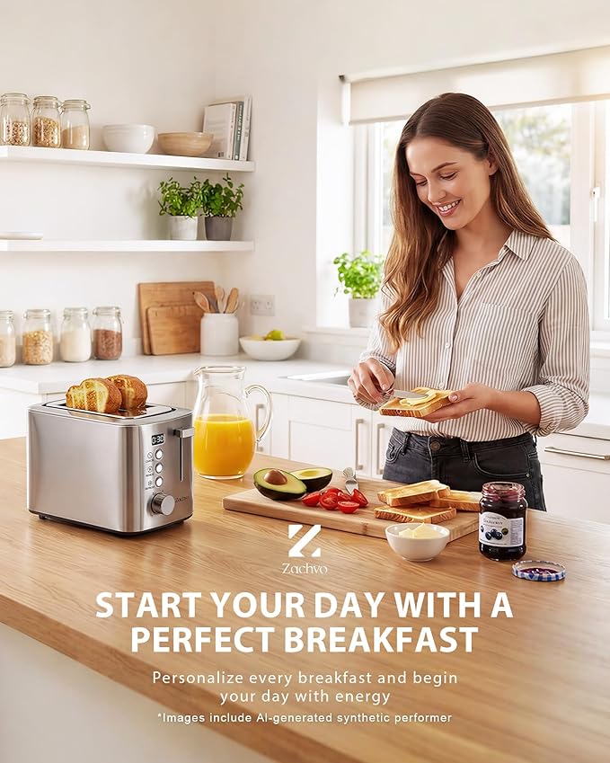 2 Slice Toaster with Wide Slots for Bread & Bagels, Stainless Steel Toaster with Digital Countdown, 6 Shade Settings, Defrost, Reheat & Cancel, Compact Design for Kitchen