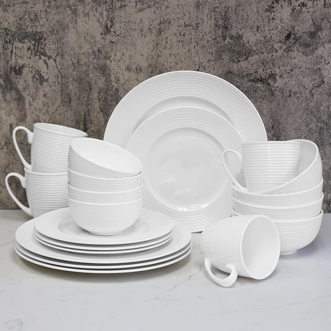 Bone China Dinnerware, 20PC Set, Service for 4, White Embossed, circle, Microwave Safe, Translucent, Elegant giftware, Dish set, Essential Home, Kitchen Dishes, Dinner Set