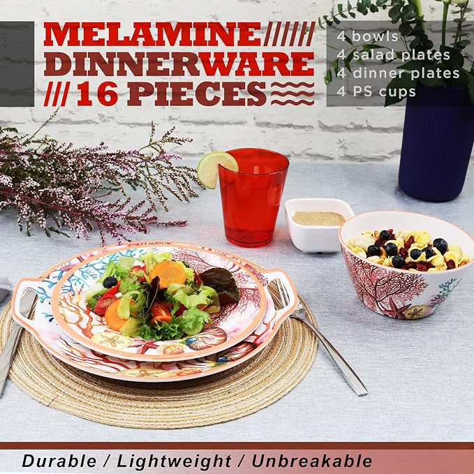 Melamine Dinnerware Set for 4-16 Pcs:Camping Dishes Set with Dinner Plates,Salad Plates,Cups and Bowls.Lightweight and Unbreakable.Indoor and Outdoor Use.