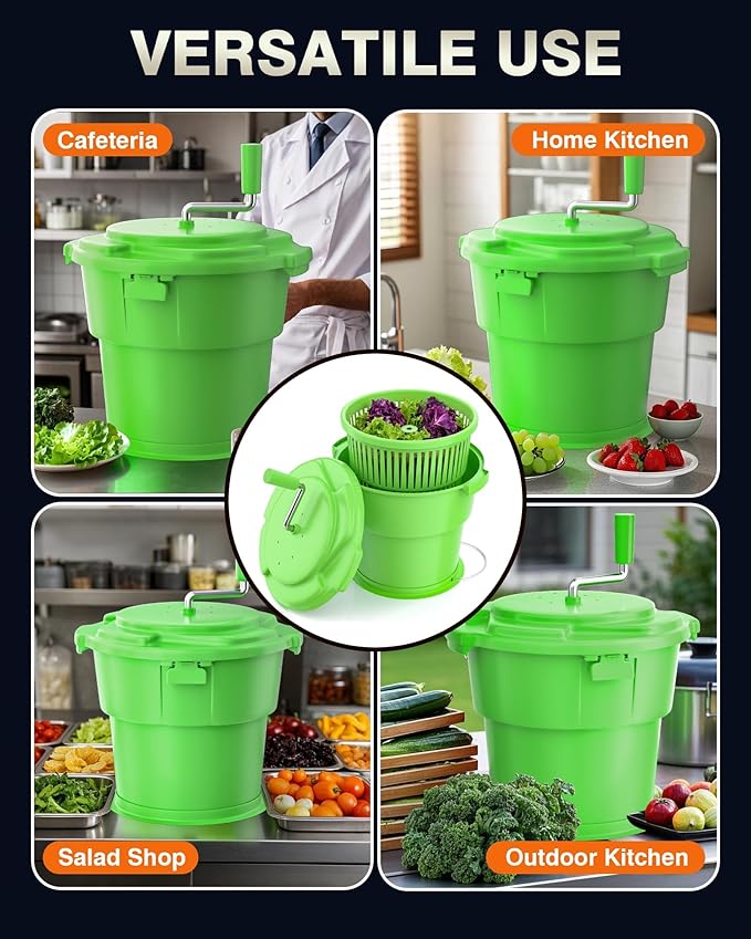 WantJoin Commercial Salad Spinner - 6 Gallon Salad Dryer w/Silicone Anti-slip Mat & Draining Hose, Green, 24Qt Manual Salad Spinner for up to 7 Heads of Lettuce Spinner Large for Catering