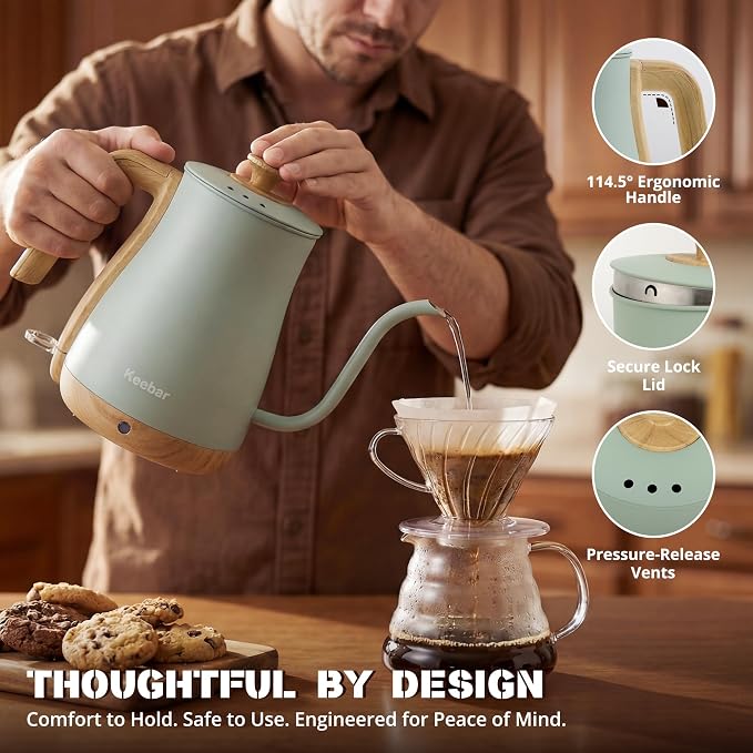 Electric Kettle, Electric Tea Kettle Stainless Steel, Gooseneck Electric Kettle, 1000W Hot Water Kettle Electric Auto Shut Off, 0.8L, Wood-like Grain Finish Handle, Light Green