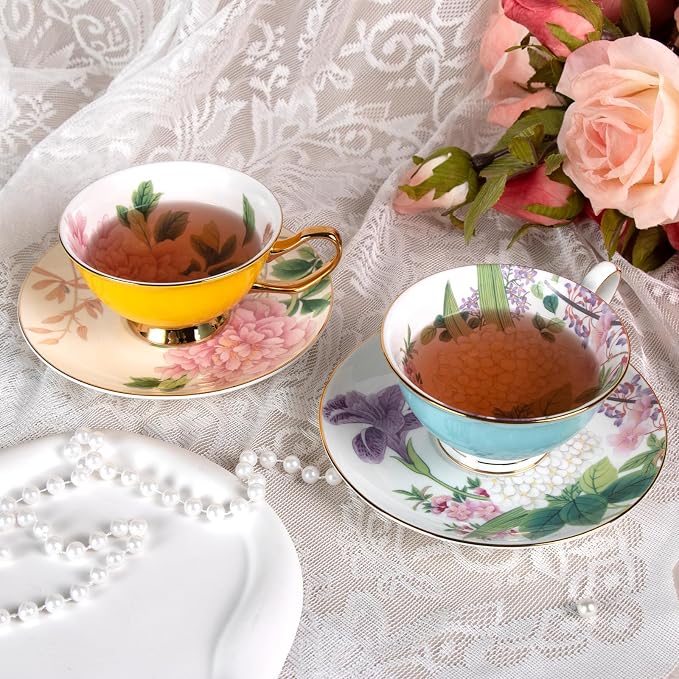 KAMMAK Tea Cups and Saucers Set of 2, Porcelain Coffee Cups, Stackable Espresso Mugs, Ceramic Demitasse for Coffee, Cappuccino, Latte, Americano, Tea, Peony + Hydrangea