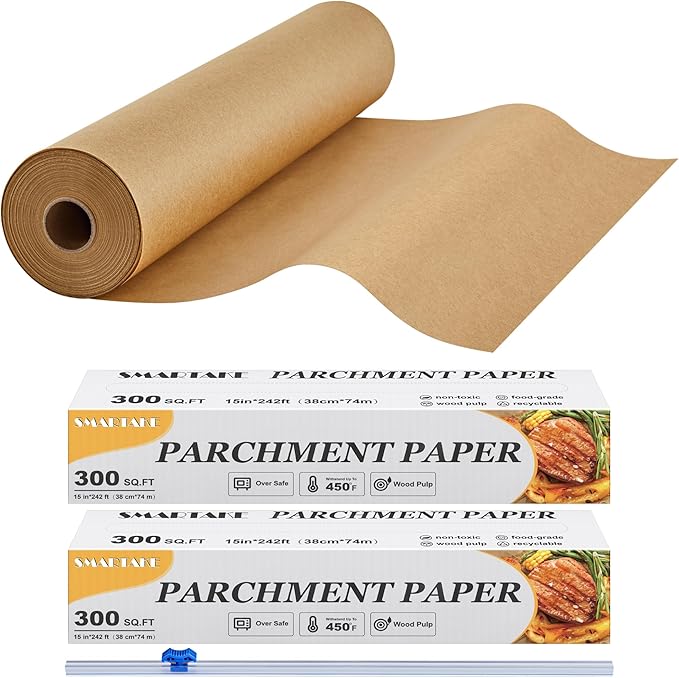 SMARTAKE Parchment Paper Roll for Baking, 2-Pack of 15 in x 242 ft, 600 sq.ft, Non-Stick Baking Paper Sheets with Slide Cutter, Heavy Duty Extra Long, for Kitchen Baking Cooking Grilling, Unbleached