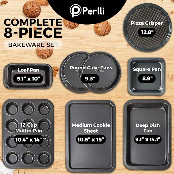 PERLLI Non-Stick 8-Piece Bakeware Set – Carbon Steel with Even Heat Distribution, Oven Safe to 446°F, BPA-Free, Dishwasher Safe, Stackable Baking Tools for Easy Storage and Everyday Cooking - Gray