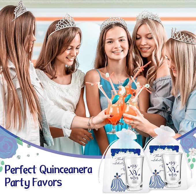 Havawish 50 Sets Quinceanera Party Favors for Guests Quinceanera Acrylic Clear Personalized Shot Glasses Thank You Cards with Organza Bags Mis Xv Años Sweet 15 Birthday Party Favors (Blue)