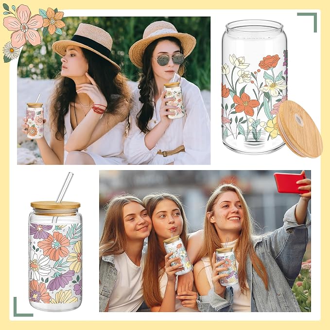 Mumufy 4 Pack Wildflower Glass Cups Gift Aesthetic Cute Glass Cup Tumbler Flower Iced Coffee Mugs 16 oz with Bamboo Lid & Straw, for Wedding Birthday Bridesmaid Mom Baby Shower