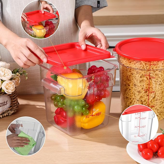 Blushtier 4 Pack Food Storage Container with Lids 4 Qt Square and Round Set Clear Restaurant Commercial Bucket with Handle Scale for Home Restaurant Kitchen Storage Dough Rise Flour(Red)