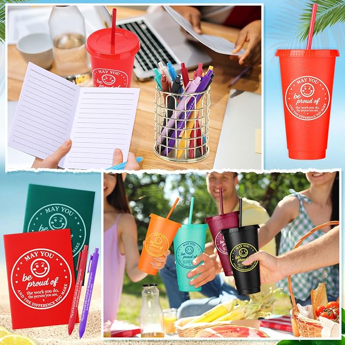 Feifeiya 72 Pcs/ 24 Set Bulk Mugs Gifts Set for Coworkers Employees 24 oz Tumbler with Lids and Straws Motivational Pens Inspirational Notepads Plastic Cup Gift for Staff Week Gift