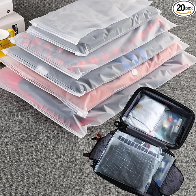 (20 pcs Value Pack) Travel Luggage Organizer Bags, Assorted Sizes, 4Mil Resealable Slider Zip Plastic Clothing Packaging, Frosted Travel/Home Storage and organizing Pouches, Space Saver Bag