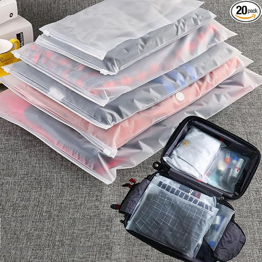 (20 pcs Value Pack) Travel Luggage Organizer Bags, Assorted Sizes, 4Mil Resealable Slider Zip Plastic Clothing Packaging, Frosted Travel/Home Storage and organizing Pouches, Space Saver Bag