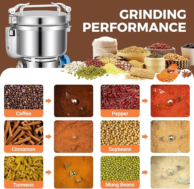 LEEVOT Electric Grain Grinder Mill, 1000g High-Speed Spice & Herb Grinder, Commercial Powder Machine for Dry Cereals, Grain, Coffee, Corn, Beans – CE Approved