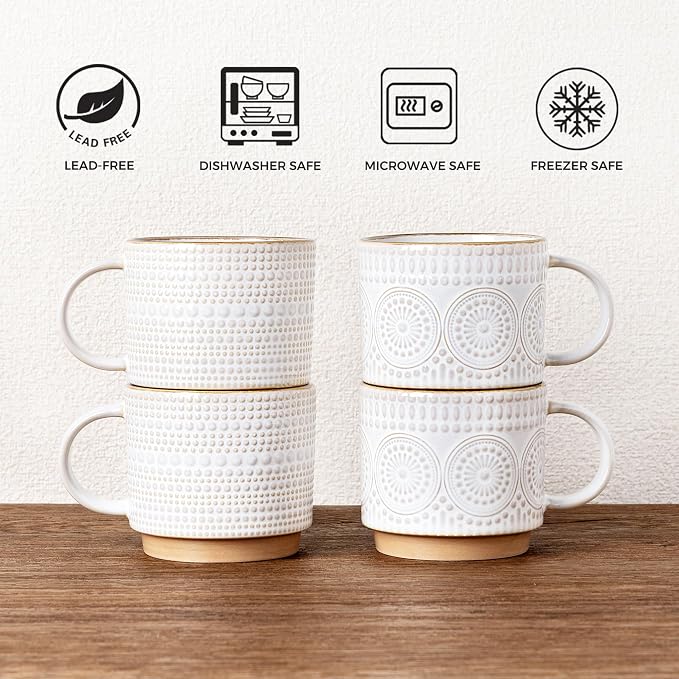 GBhome 12OZ Stackable Coffee Mugs, Ceramic Coffee Mugs with Texture Patterns for Man,Woman,Dad,Mom, Modern Coffee Mugs Set of 4 for Latte/Cappuccino/Cocoa. Dishwasher&Microwave Safe