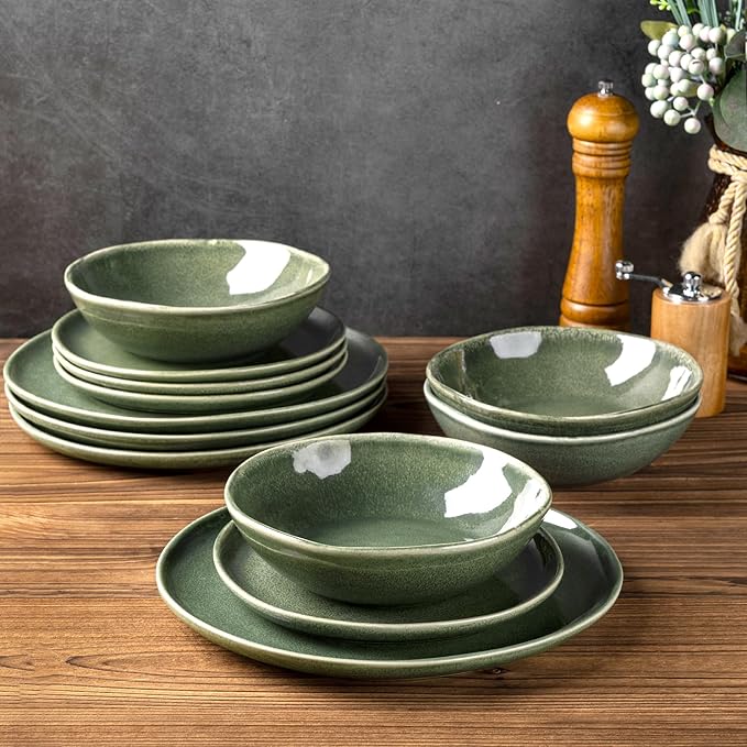 AmorArc Ceramic Dinnerware Sets,Handmade Reactive Glaze Stoneware Plates and Bowls Sets,Highly Scratch Resistant | Dishwasher & Microwave Safe Dishes Set,Service for 4 (12pc)