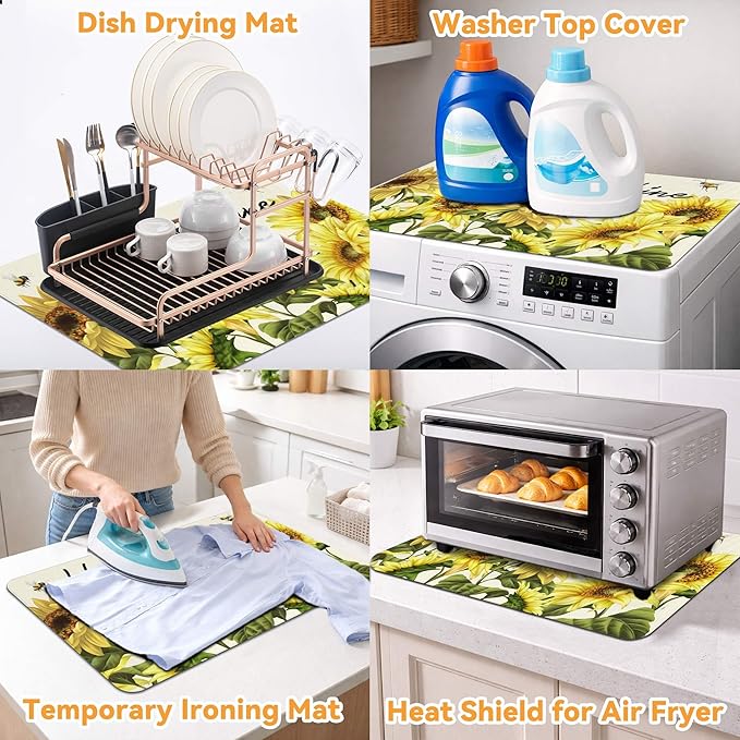 Decorative Stove Top Covers for Electric Stove 28"x20" – Heat Resistant Glass Cooktop Protector Dish Drying Mat – Non-Slip Rubber Backing Washer Top Cover Waterproof Extra Counter Space (Sunflower 2)