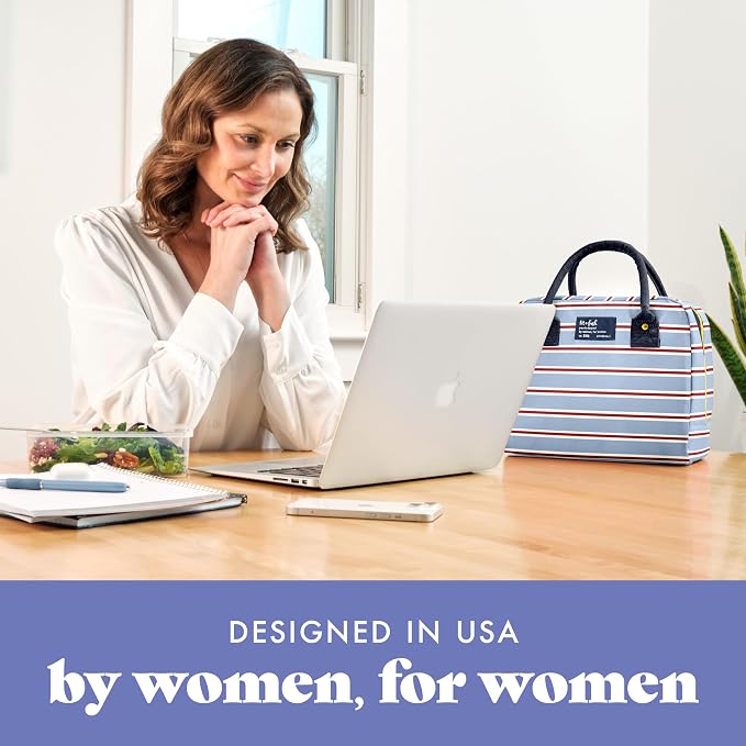 Fit & Fresh Bloomington Lunch Bag for Women - Insulated Large Lunch Box for Work with Containers, Leak-Resistant, Stain-Resistant, Zipper Closure, Rowing Stripe Blue