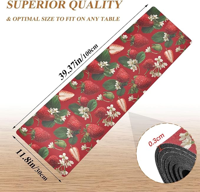 2-in-1 Table Runner Trivet for Hot Dishes Heat Resistant Hot Plate Mat Pad 39x12 Inch Waterproof Table Protector Trivets for Countertop Non Slip Decorative Red Strawberries Flowers