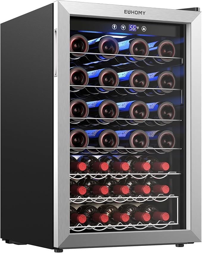 EUHOMY 45 Bottle Wine Cooler Refrigerator, Wine Fridge with Stainless Steel Glass Door for Red, White and Champagne, Mini Fridge with Adjust Temperature for Home Kitchen Bar 4.5 Cu.Ft, Silver