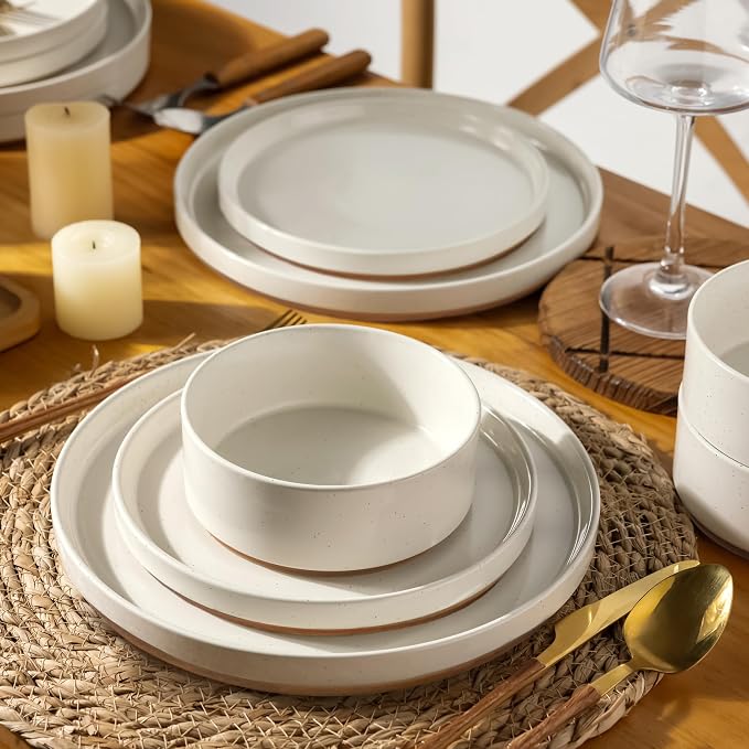 AmorArc Ceramic Dinnerware Set for 4 | Speckled Stoneware Plates and Bowls with unglazed terracotta | Scratch Resistant, Dishwasher & Microwave Safe Modern Dishes Sets- 12Pcs