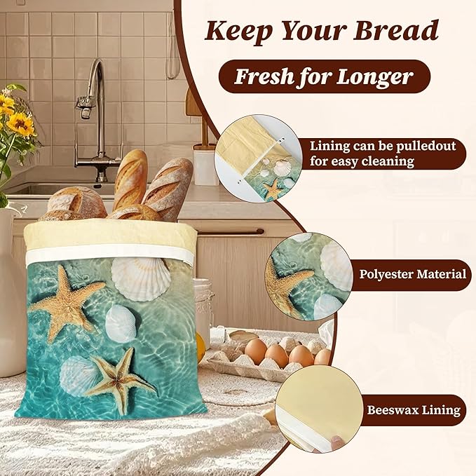 Bread Bags for Homemade Bread- Starfish Shells Beach 2 Pack Linen and Beeswax Sourdough Storage Bags, Reusable Keeper, Keeps Breads Fresh Longer, Gifts for Bakers