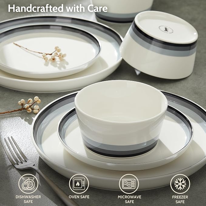 Sweese 12 Piece Dinnerware Sets for 4 - Porcelain Plates and Bowls Set - Scratch Resistant, Dishwasher and Oven Safe Round Dinner Sets - Dish Sets -White and Blue Gradient